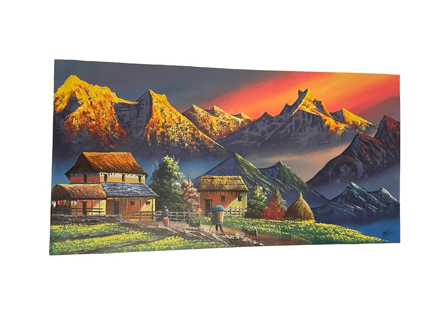 Majestic Nepal: Serene Mountain Vista and Charming Rural Life Unveiled (Original Handmade Painting)