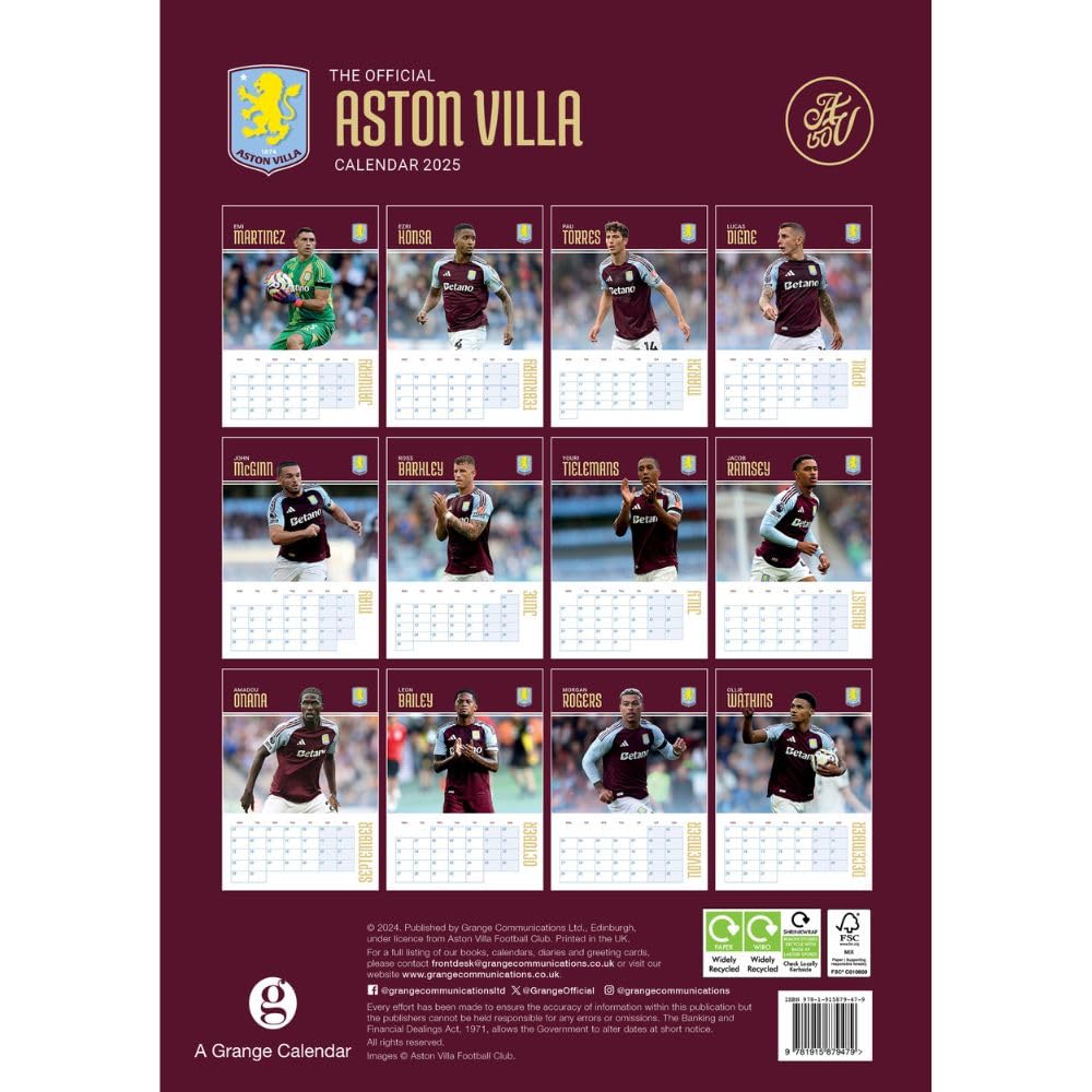 Aston Villa FC A3 Calendar 2025